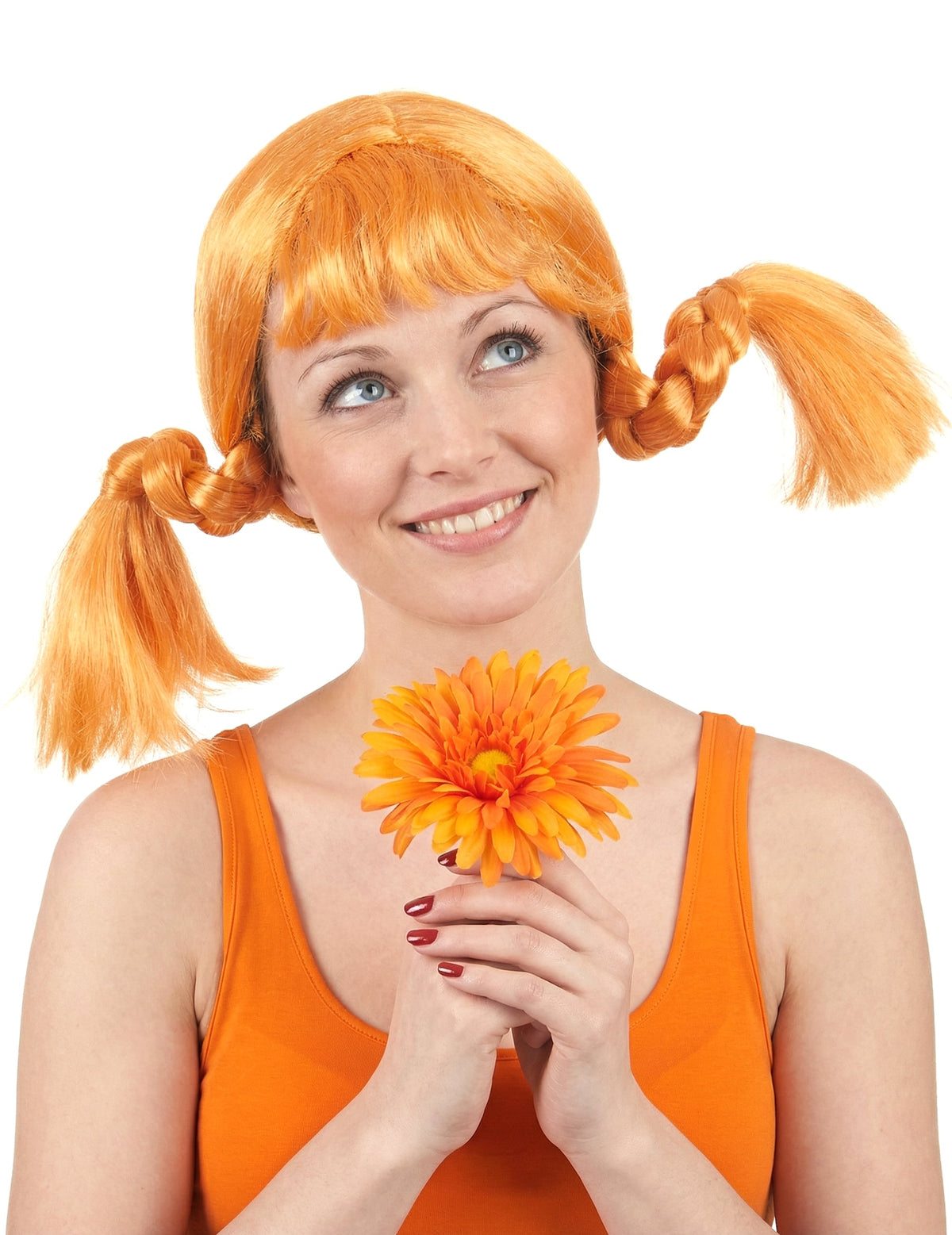 Vue de face de la perruque à couettes pour femme rousse