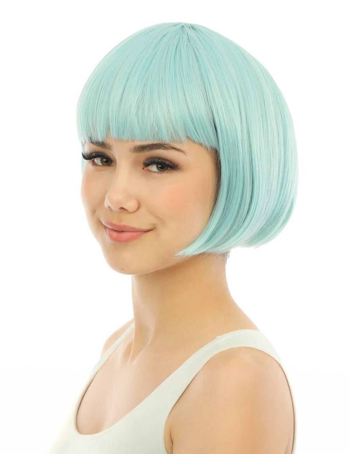 Vue de profil de la perruque courte luxe pour adulte bleu pastel