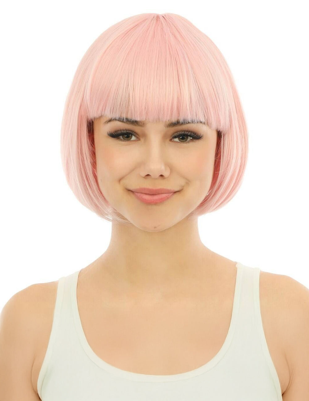 Vue de face de la perruque courte luxe pour adulte rose pastel