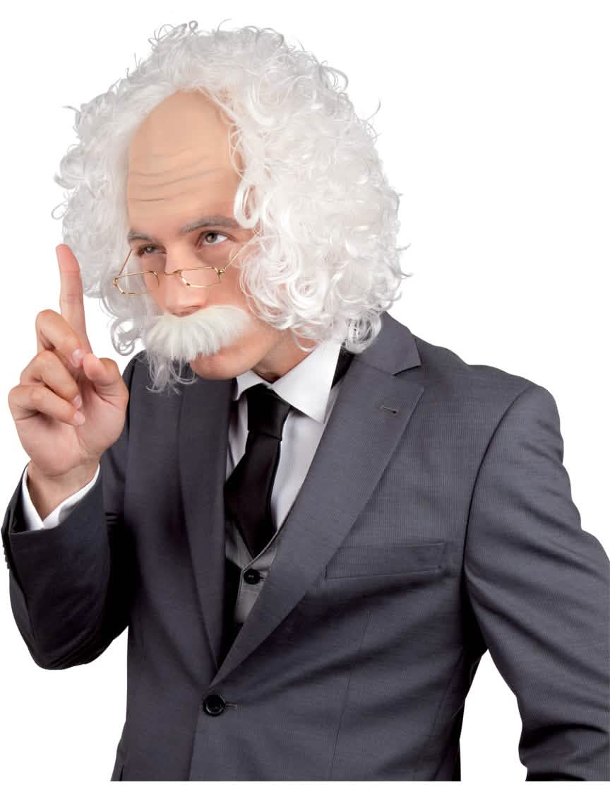 Peruca Einstein para homem branca desgrenhada com a testa calva