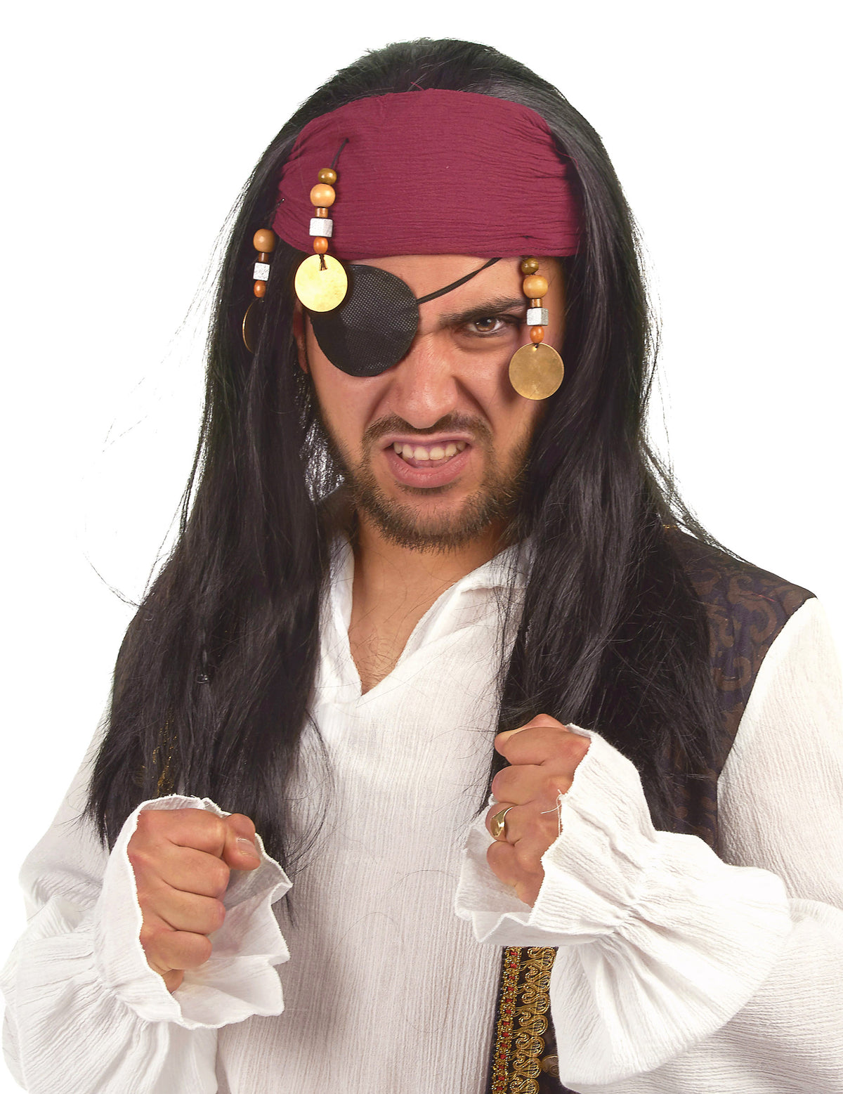 Perruque de pirate pour adulte noire avec bandana bordeaux et cache-œil