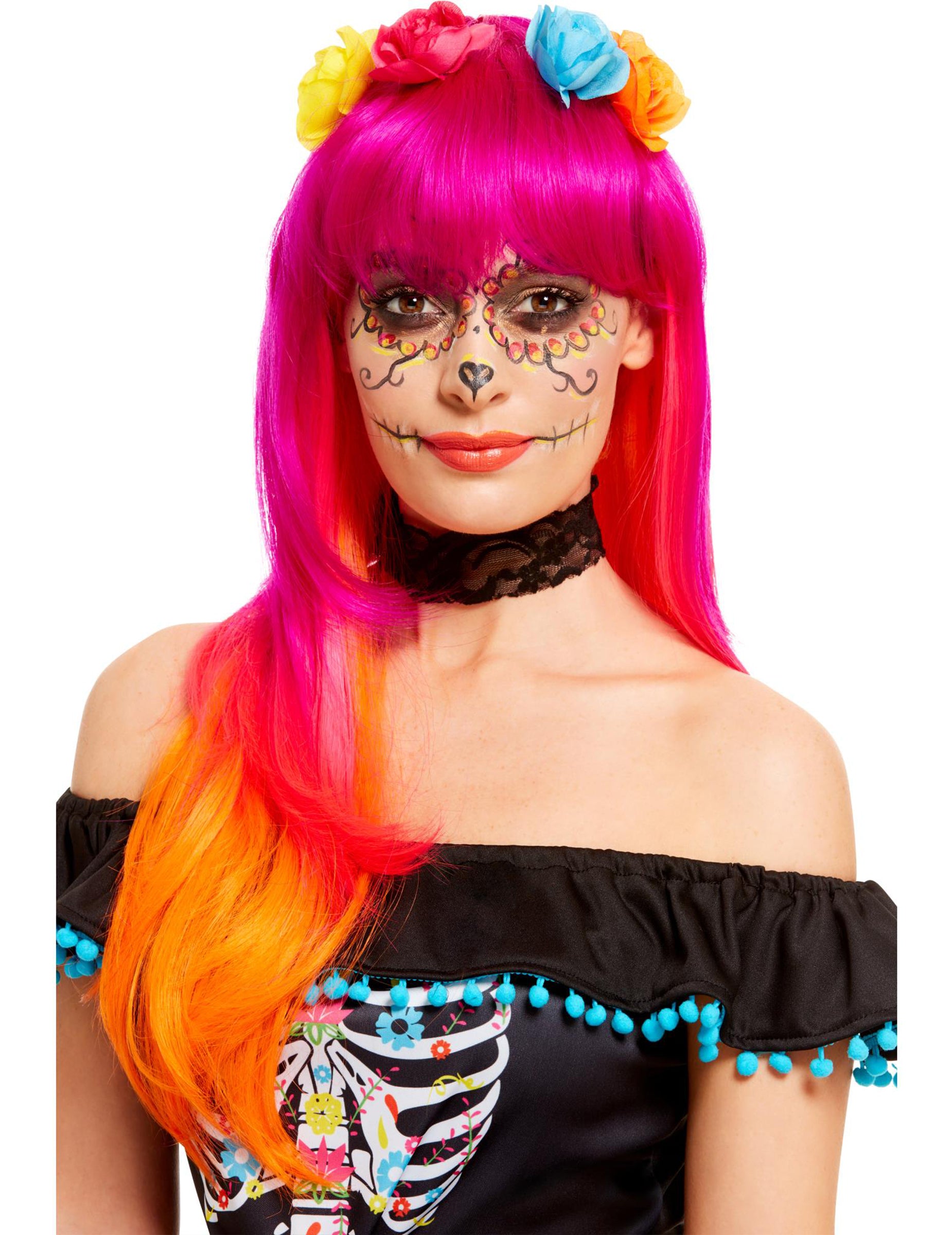 Perruque Dia de los muertos pour adulte rose et orange avec fleurs colorées