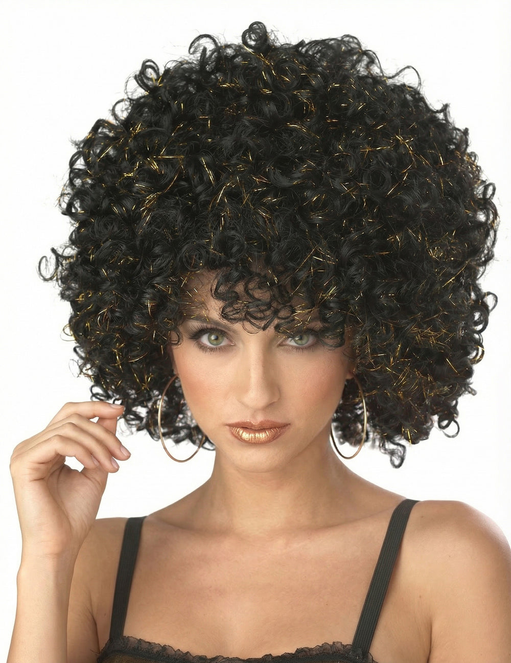 Perruque disco pour adulte noire et or bouclée