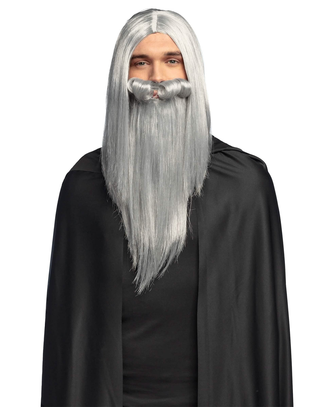 Perruque et barbe de sorcier magicien pour adulte gris