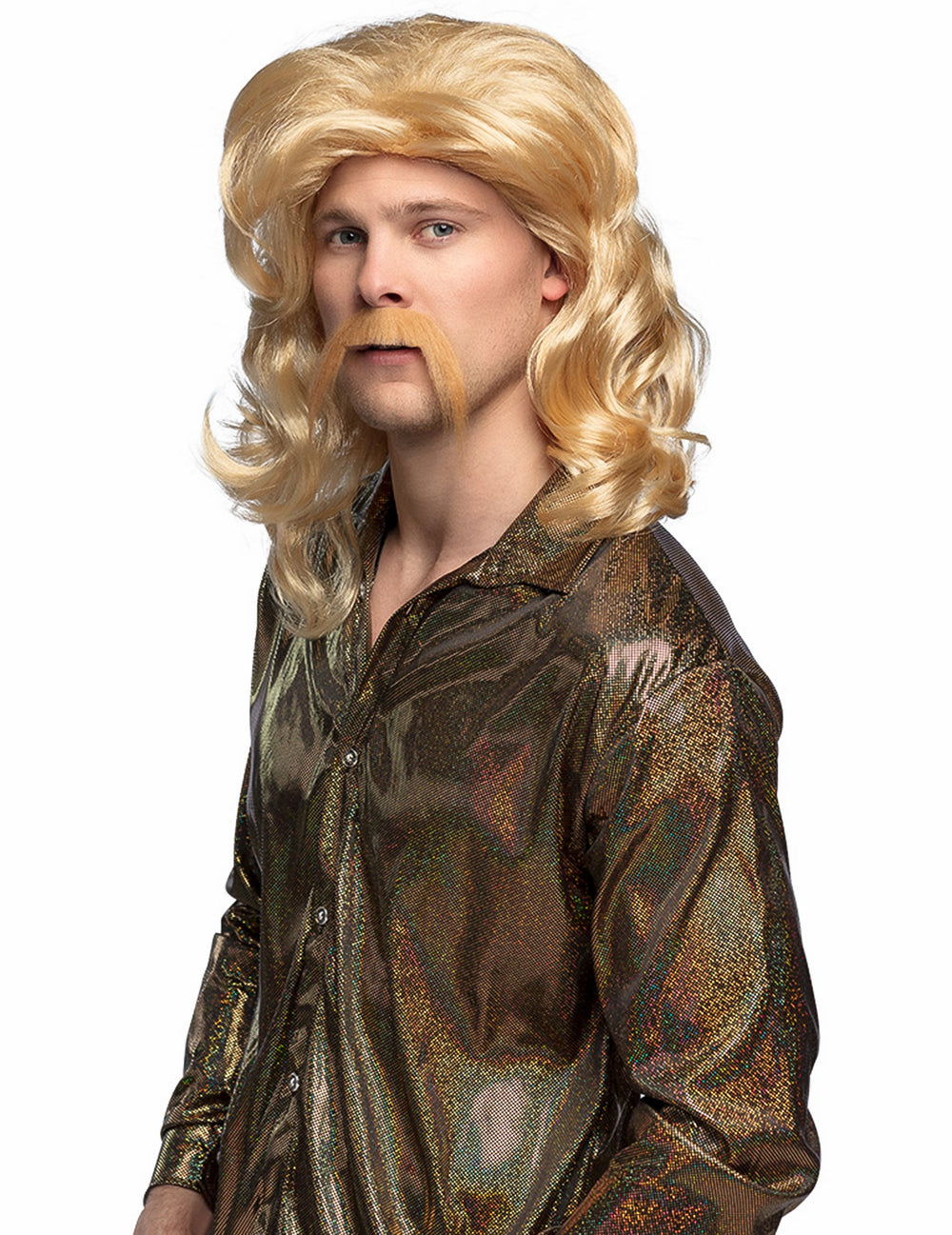 Perruque et moustache disco pour homme blondes et volumineuses