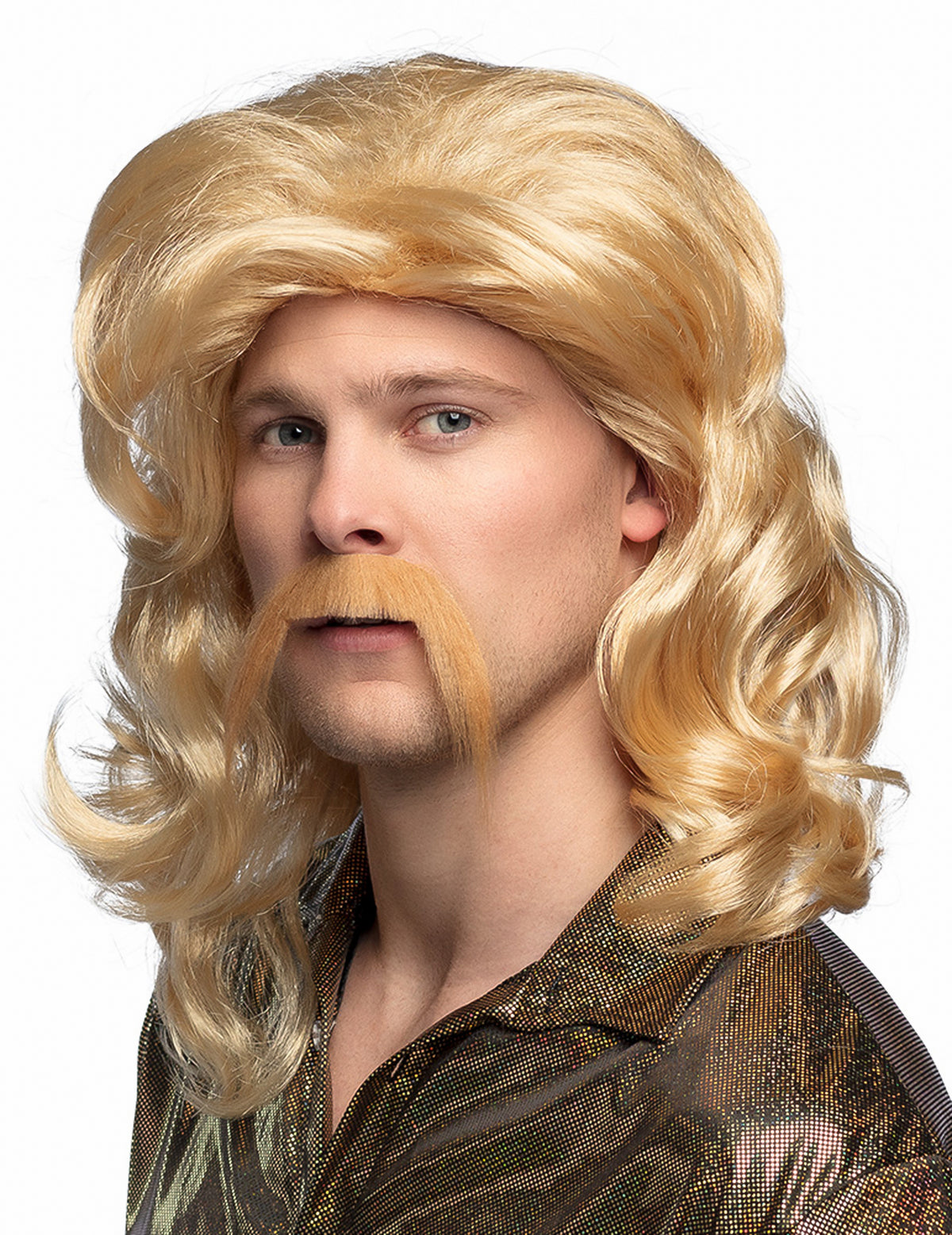 Vue de face de la perruque et moustache disco pour homme