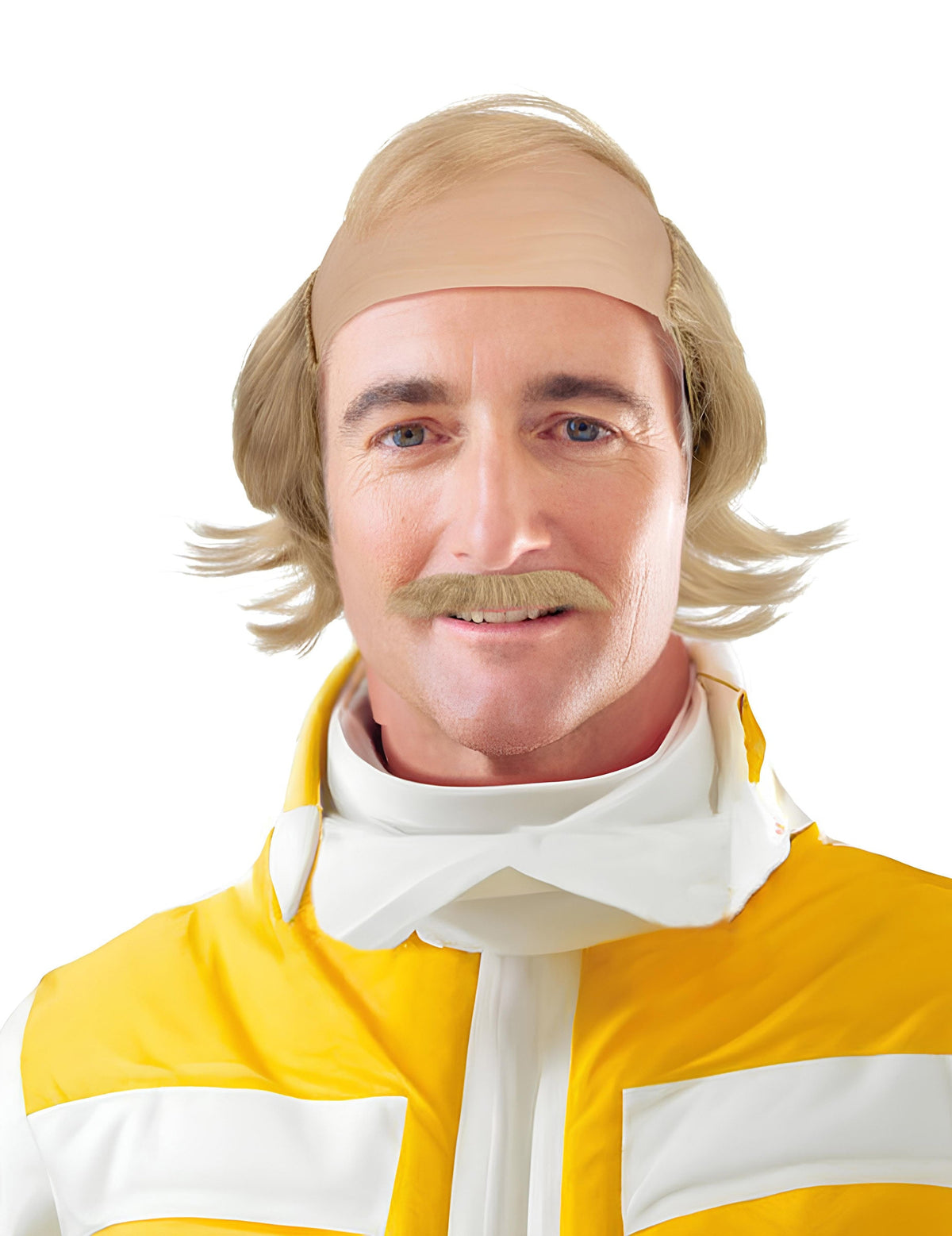 Perruque et moustache Jean Claude pour adulte blonde avec crâne chauve
