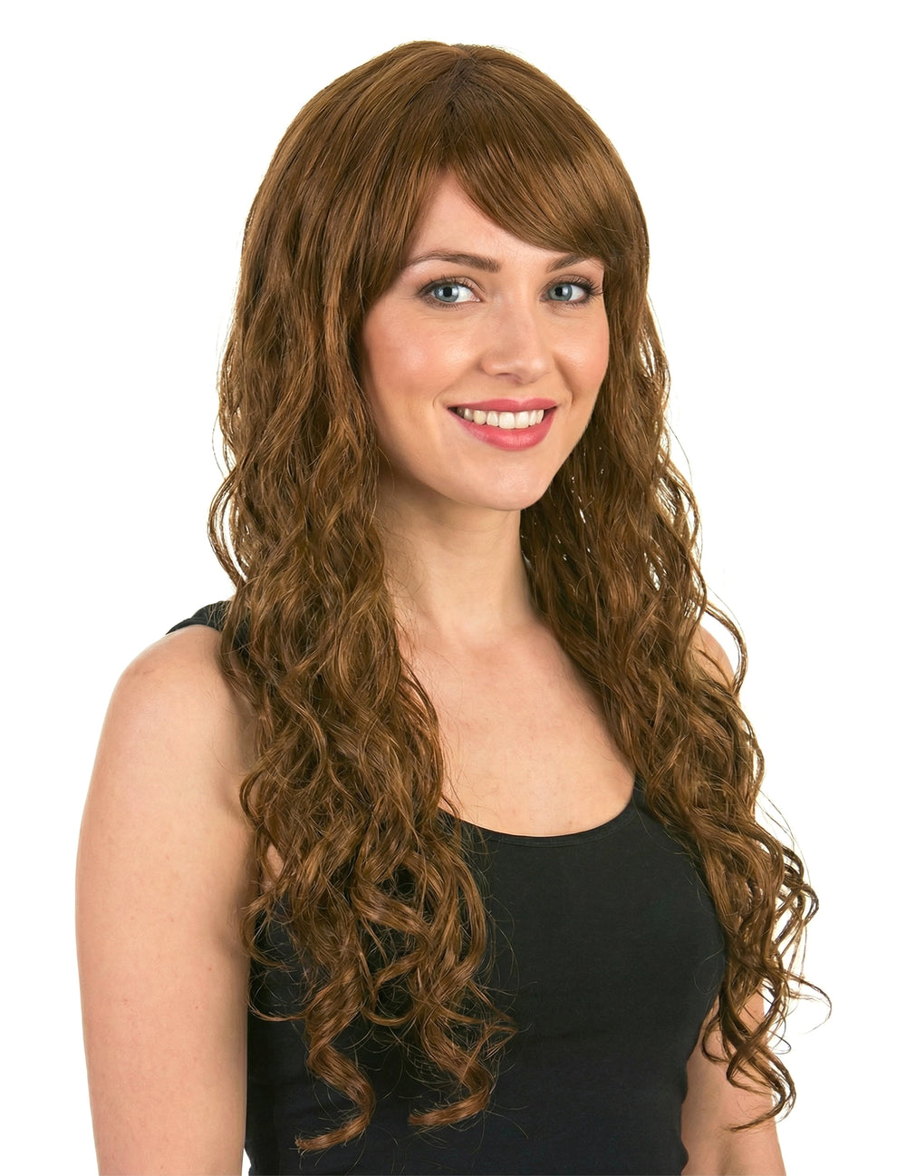 Vue de face de la perruque glamour longue pour femme châtain avec boucles