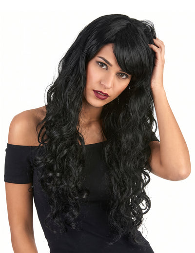 Peruca glamorosa comprida preta com caracóis mulher