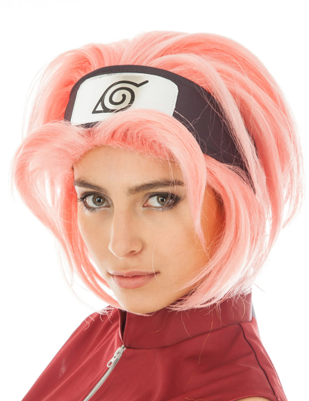 Perruque Haruno Naruto™ pour adulte rose avec bandeau frontal