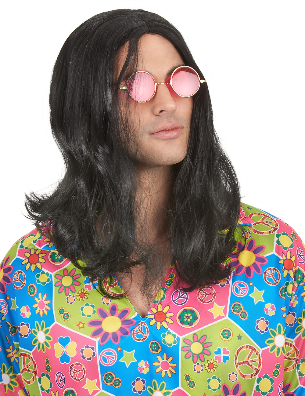 Perruque hippie pour homme noire longue avec lunettes roses