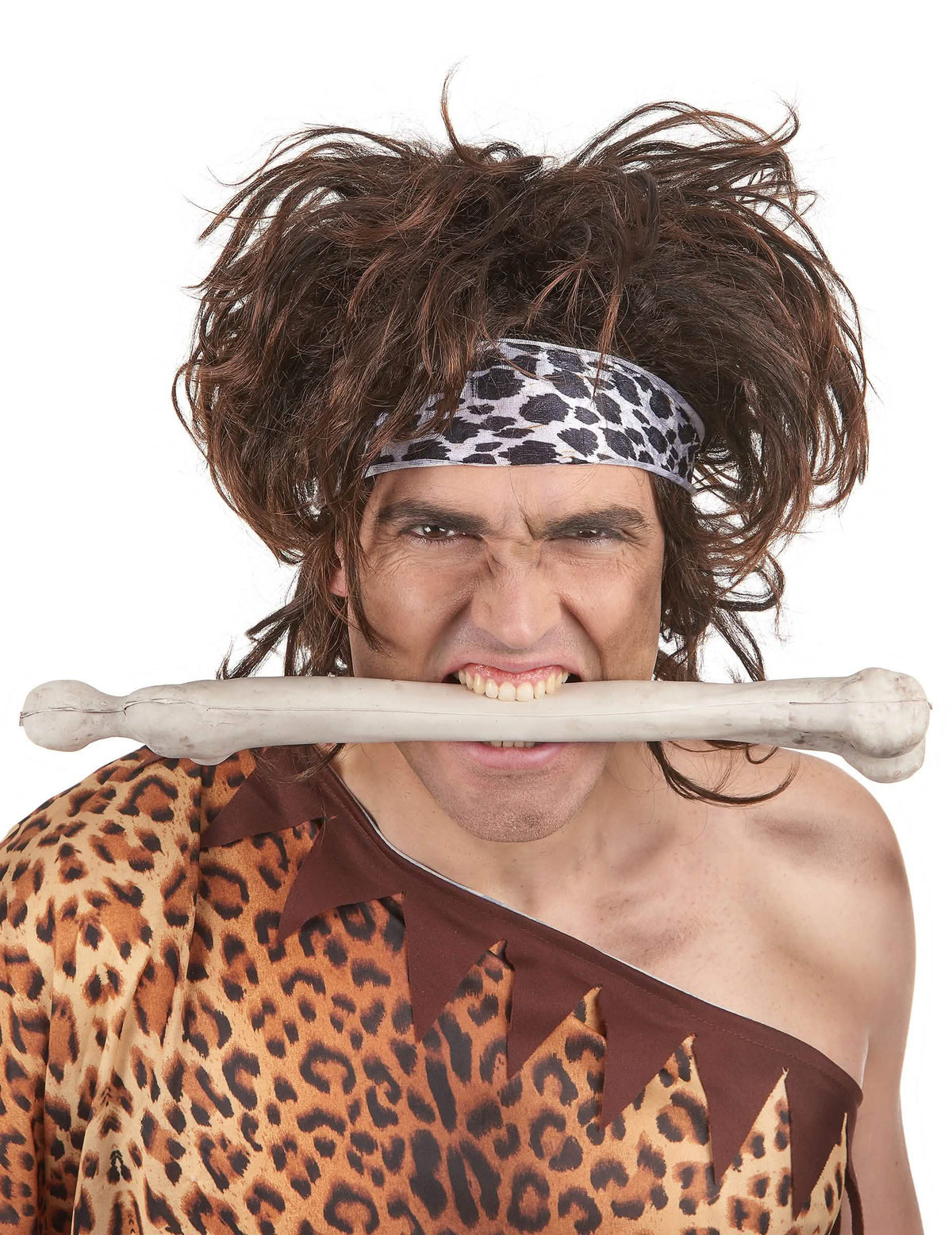 Peruca de homem das cavernas para homem castanho com bandolete de leopardo