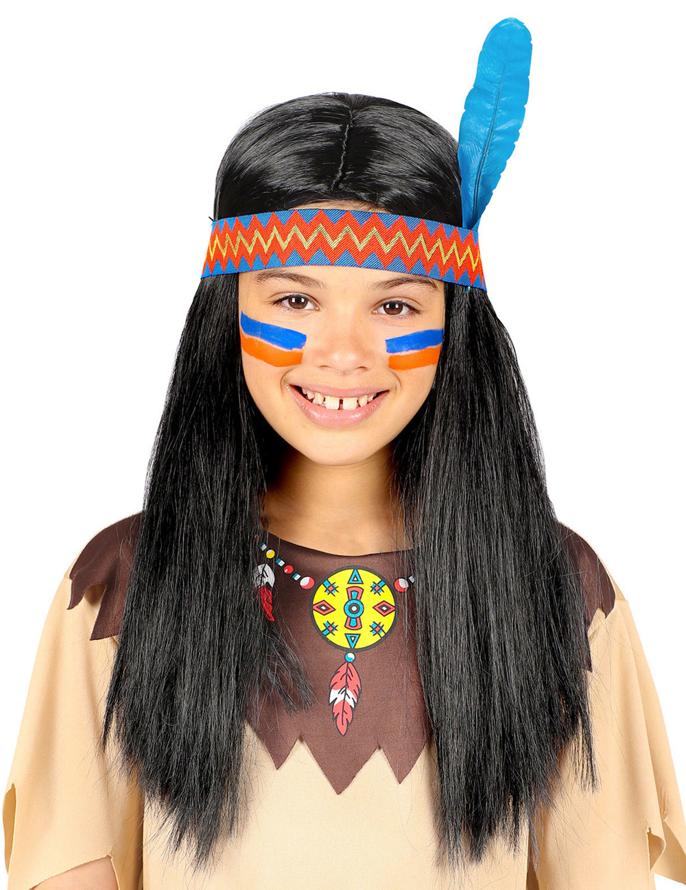 Perruque d'indien avec bandeau et plume pour enfant noire avec plume bleue