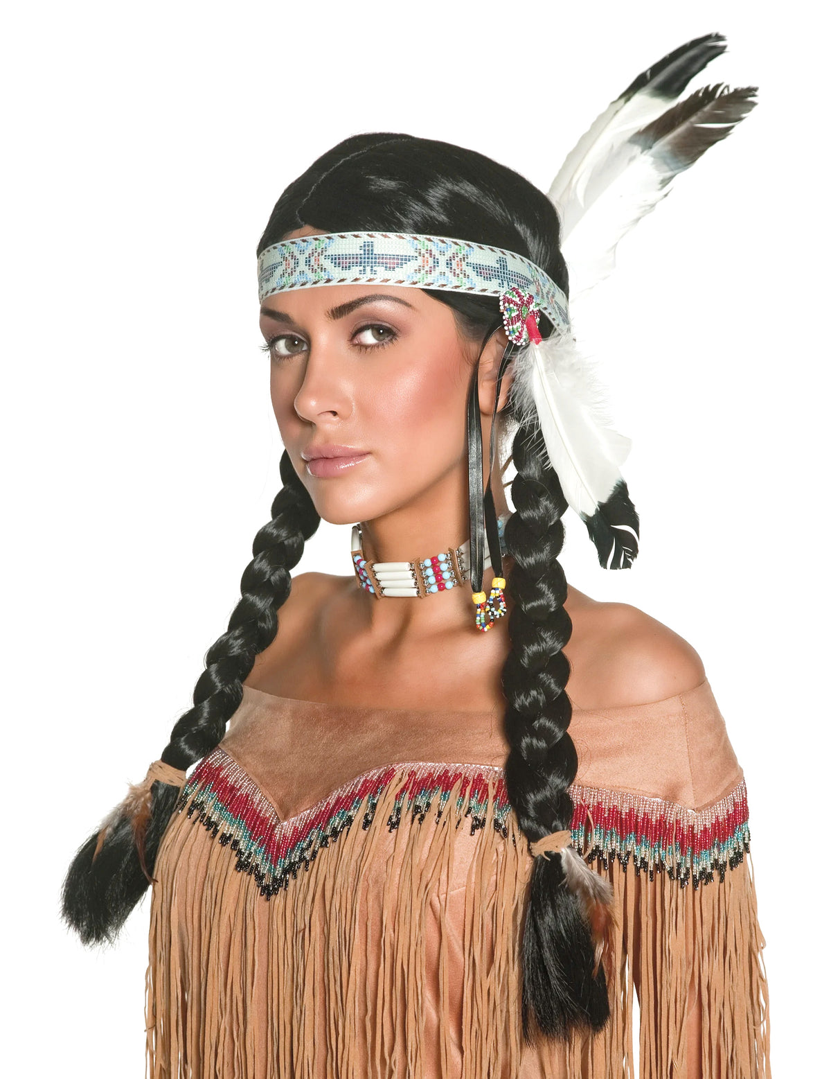 Perruque indienne à plumes pour femme noire avec tresses et bandeau