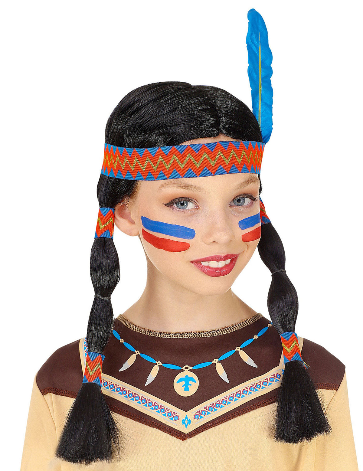 Perruque indienne avec bandeau et plume pour enfant noire avec plume bleue