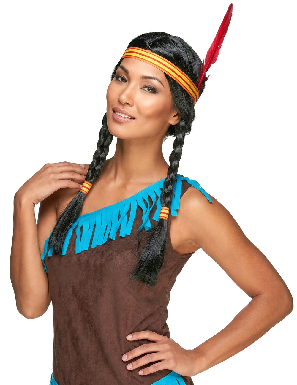 Perruque Indienne avec plume pour femme noire à tresses avec bandeau rayé et plume rouge