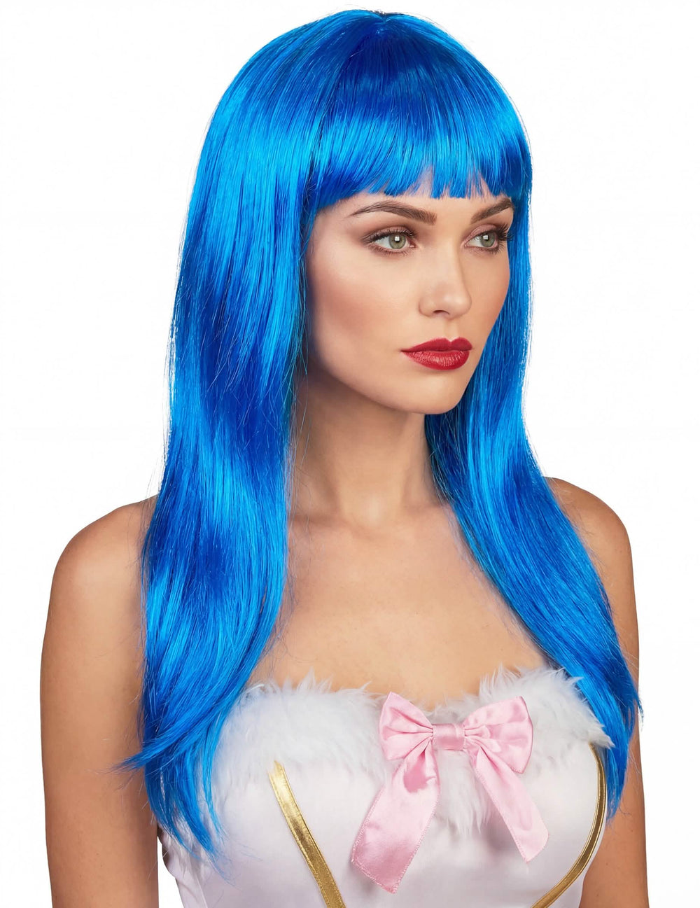 Peruca longa com franja para mulher azul