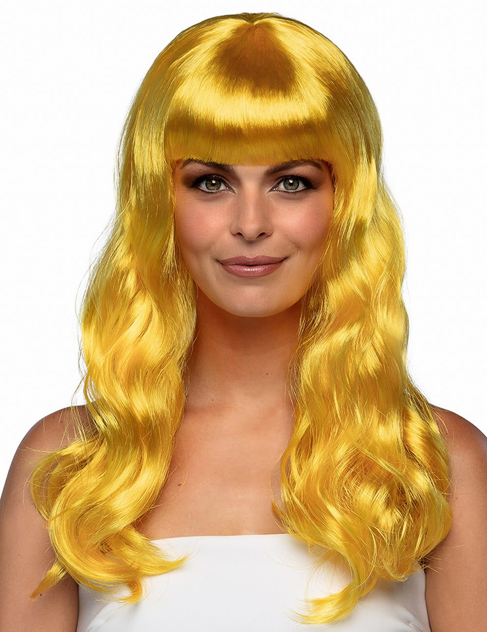 Perruque longue pour femme jaune ondulée avec frange