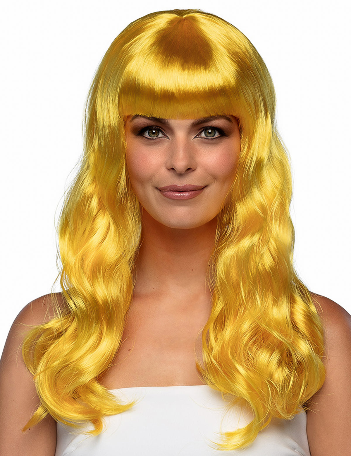Perruque longue pour femme jaune ondulée avec frange