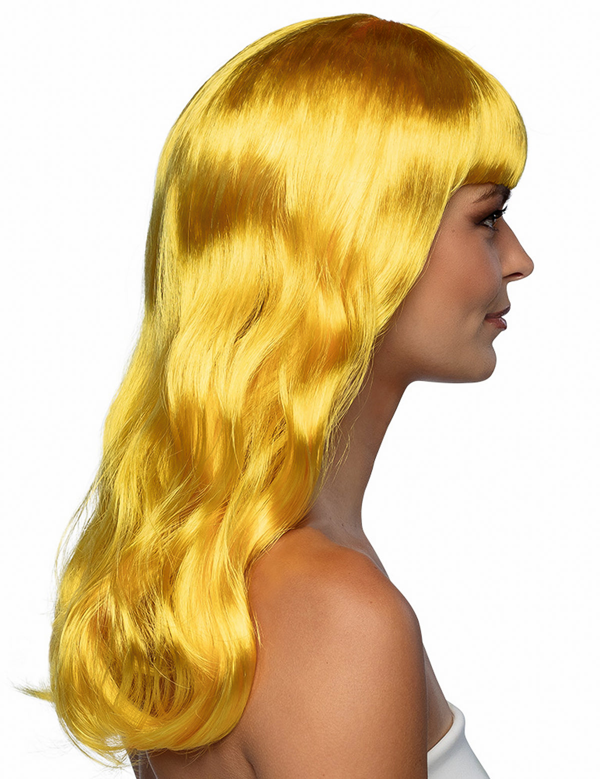 Vue de profil de la perruque longue pour femme jaune