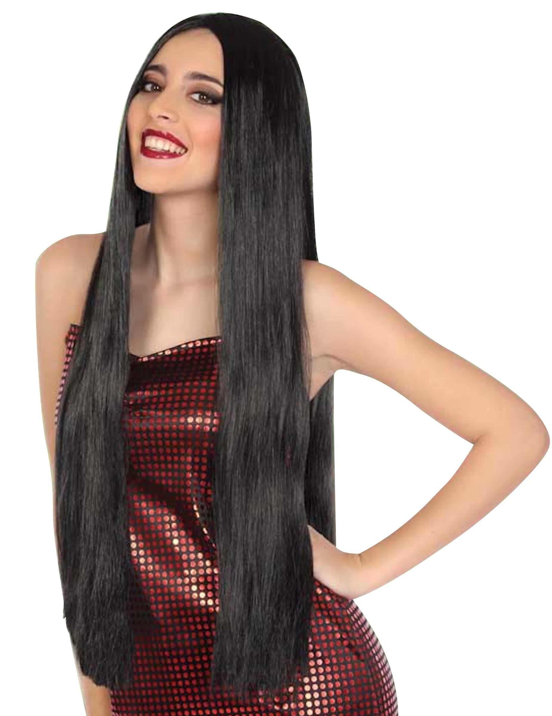 Perruque longue et lisse pour femme noire 80 cm
