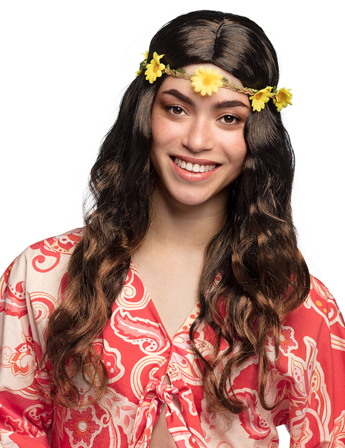 Perruque longue avec bandeau fleurs pour femme marron et jaune