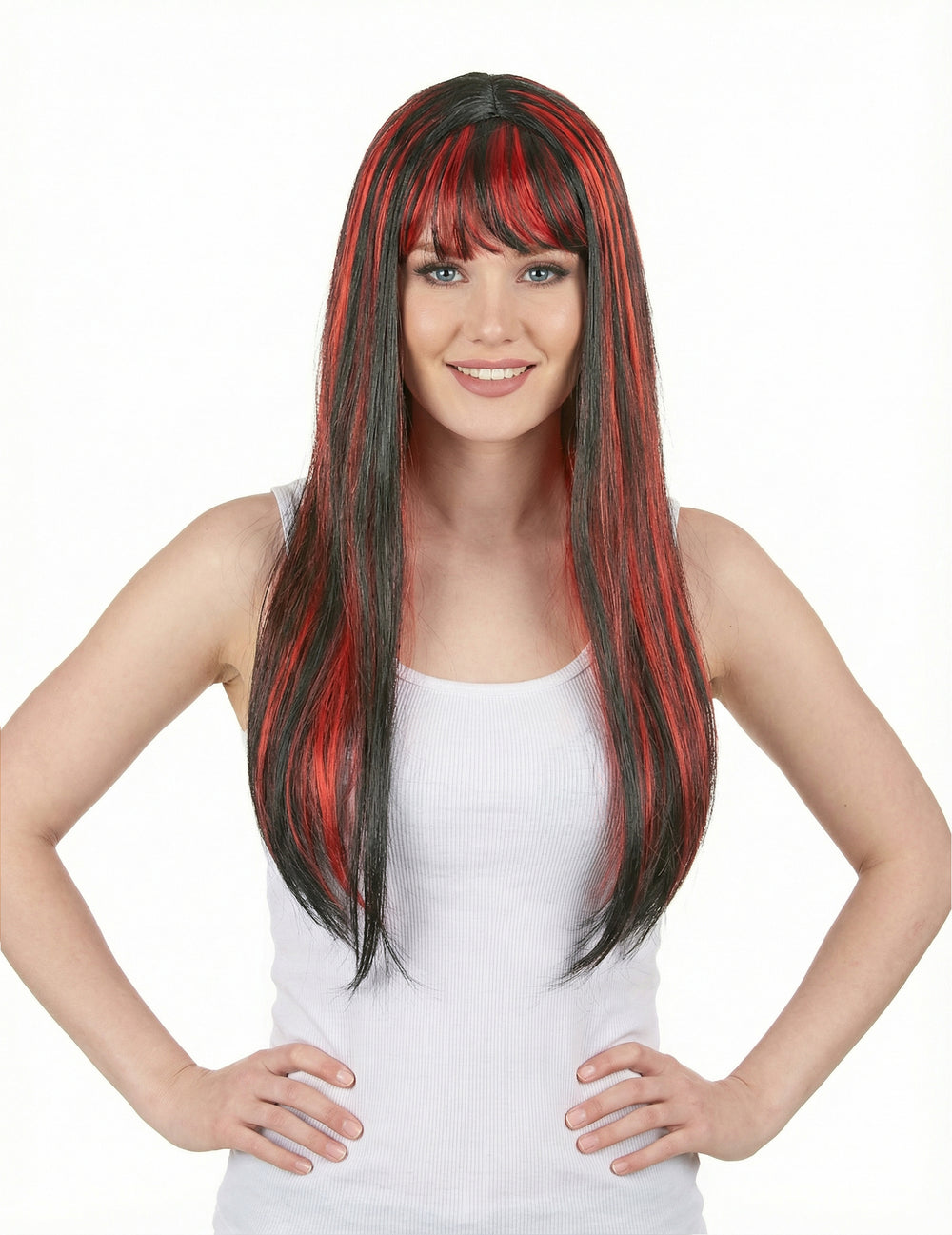 Perruque longue noire avec frange pour femme balayage rouge