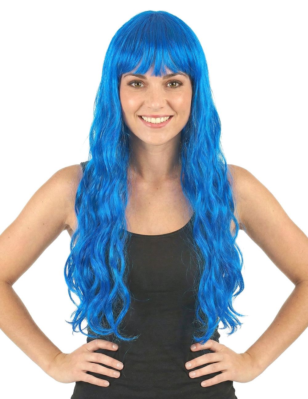 Vue de face de la perruque longue ondulée avec frange pour femme bleue