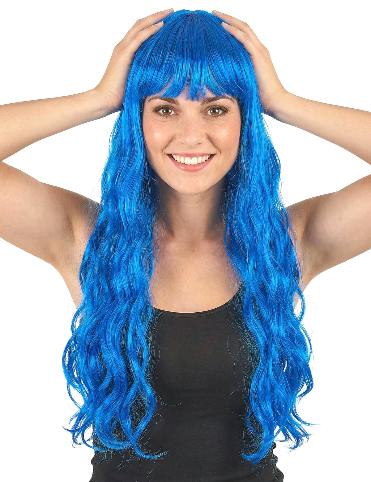 Perruque longue ondulée avec frange pour femme bleue