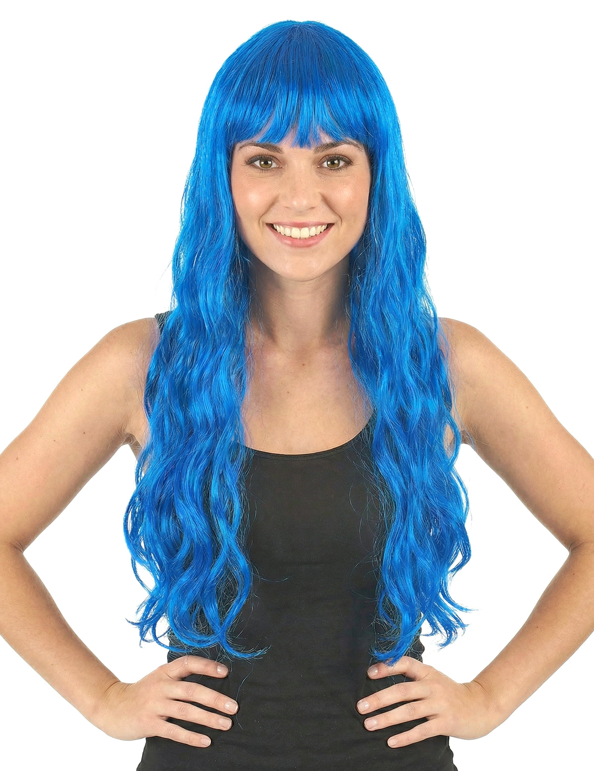 Vue de face de la perruque longue ondulée avec frange pour femme bleue