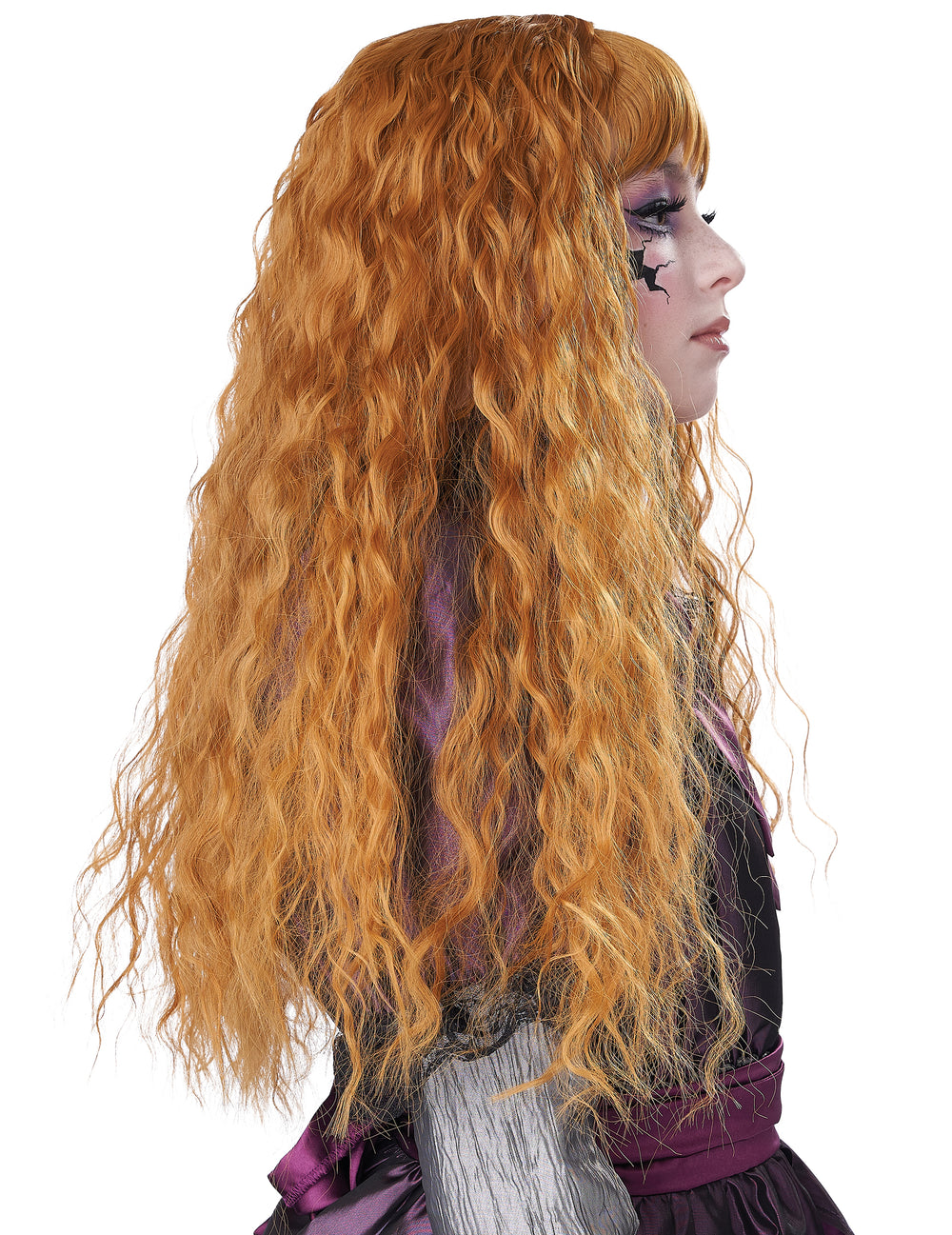 Vue de profil de la perruque longue ondulée pour enfant rousse