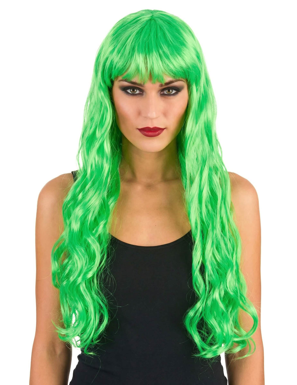 Peruca longa ondulada para mulher verde fluo com franja