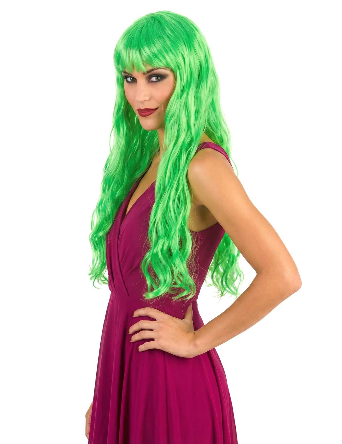 Vista de perfil da peruca longa ondulada para mulher verde fluo com franja