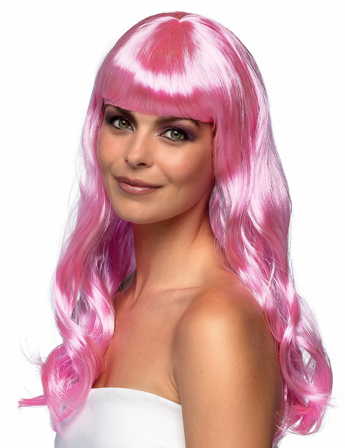 Peruca longa para mulher cor de rosa pálido ondulada com franja