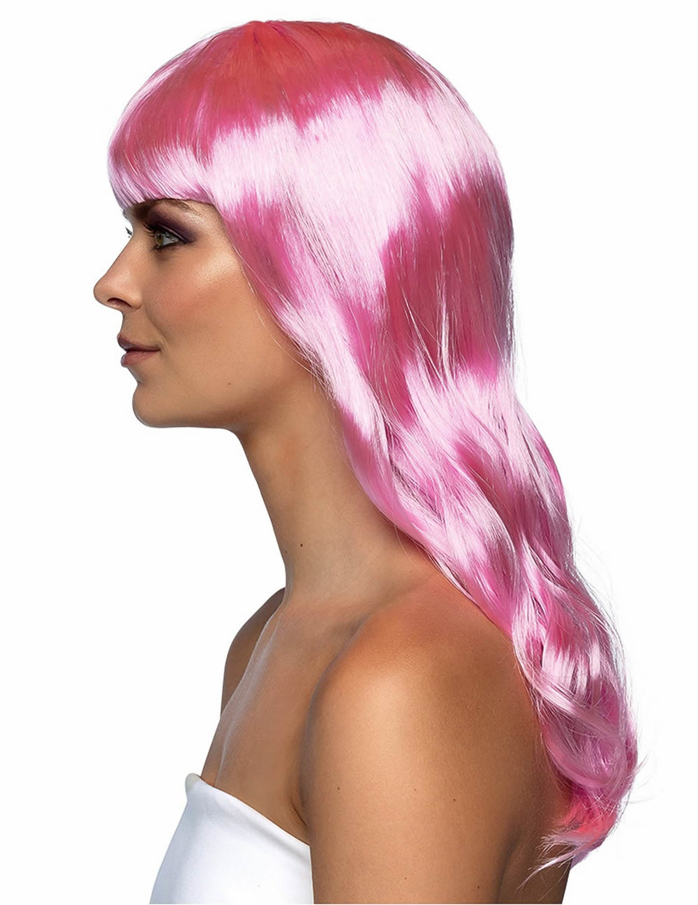 Vista de perfil da peruca longa para mulher cor de rosa pálido