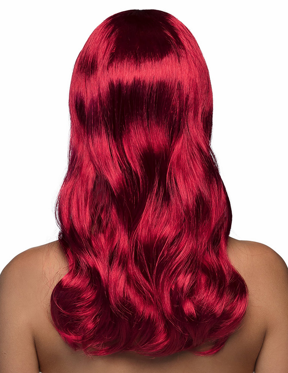 Vue de dos de la perruque longue pour femme rouge foncée