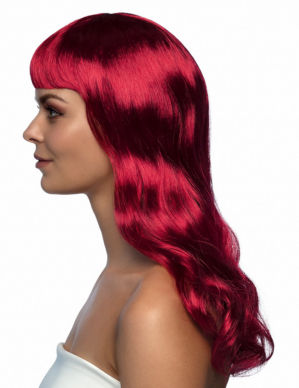 Vue de profil de la perruque longue pour femme rouge foncée