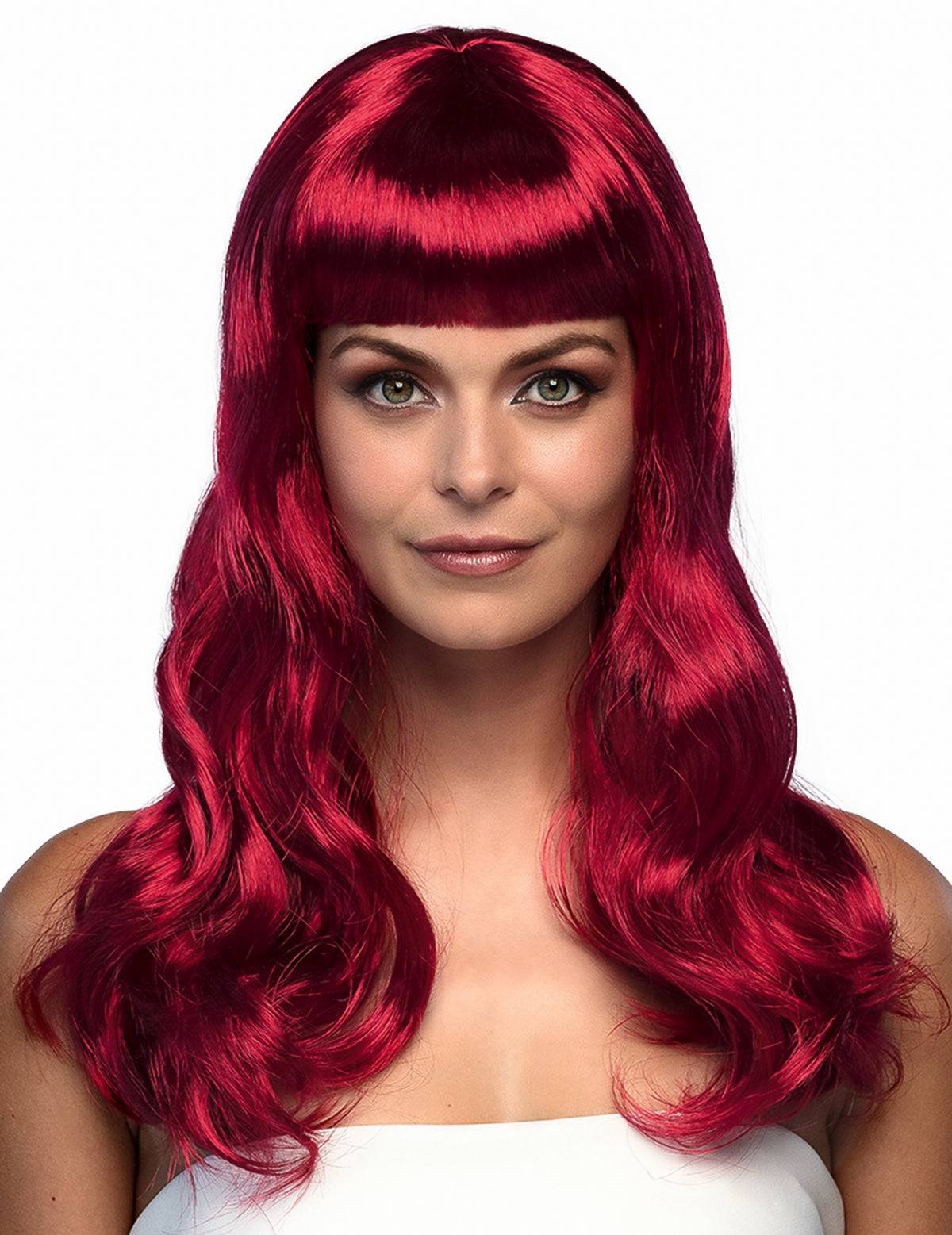 Perruque longue pour femme rouge foncée avec frange