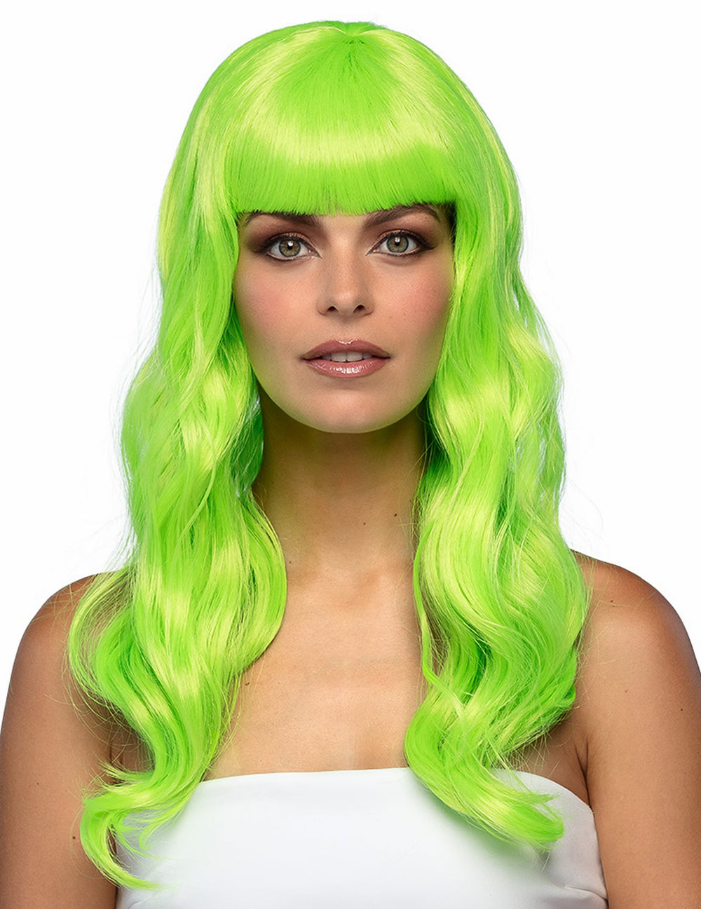 Perruque longue verte fluo pour femme ondulée avec frange