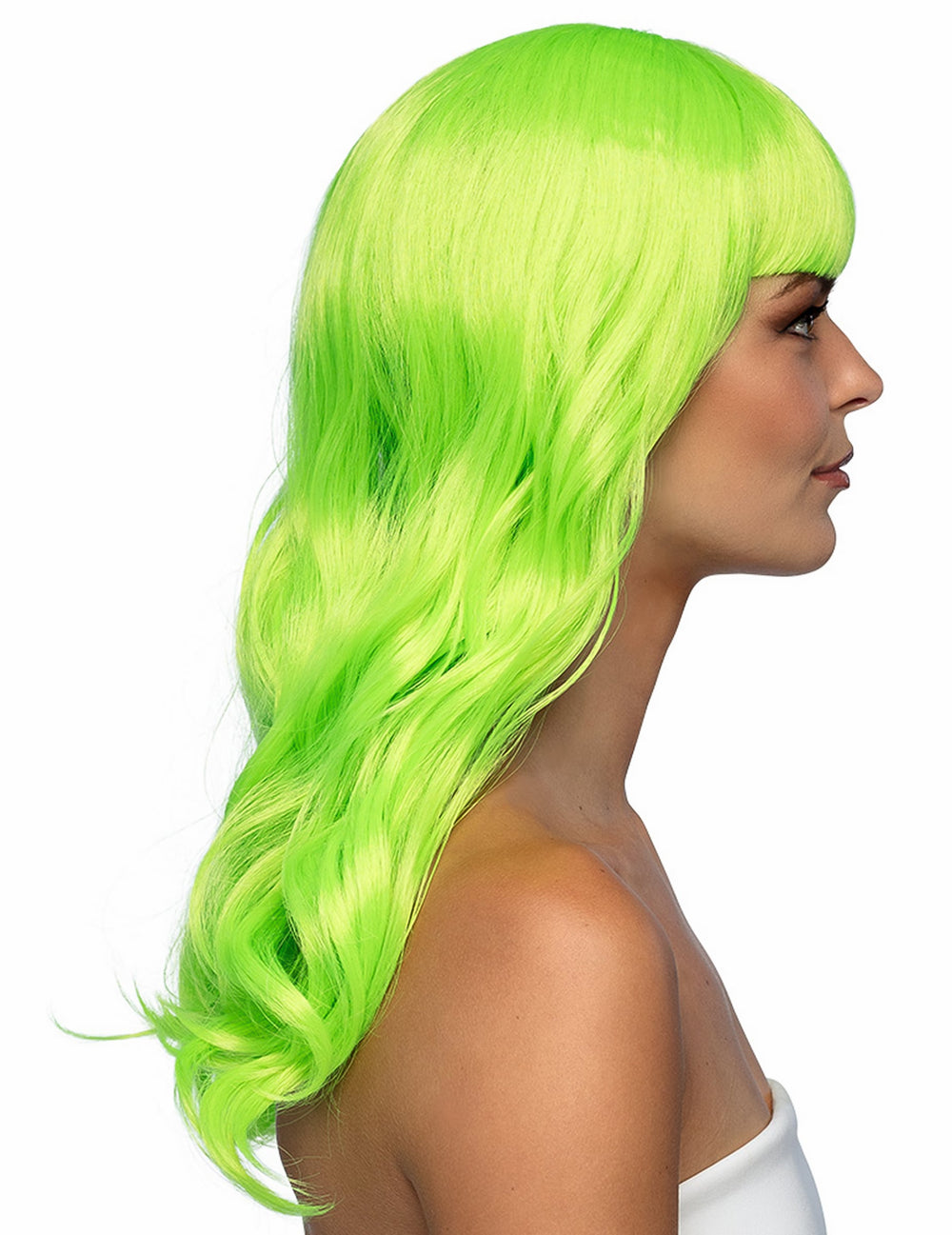 Vue de profil de la perruque longue verte fluo pour femme