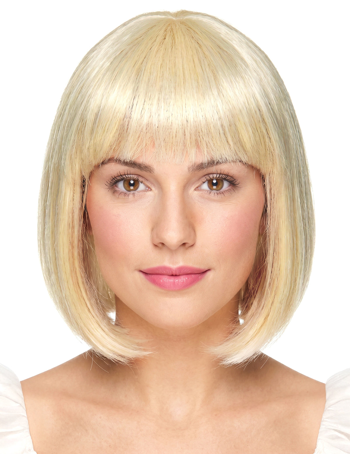 Peruca de luxo loura curta com franja mulher.