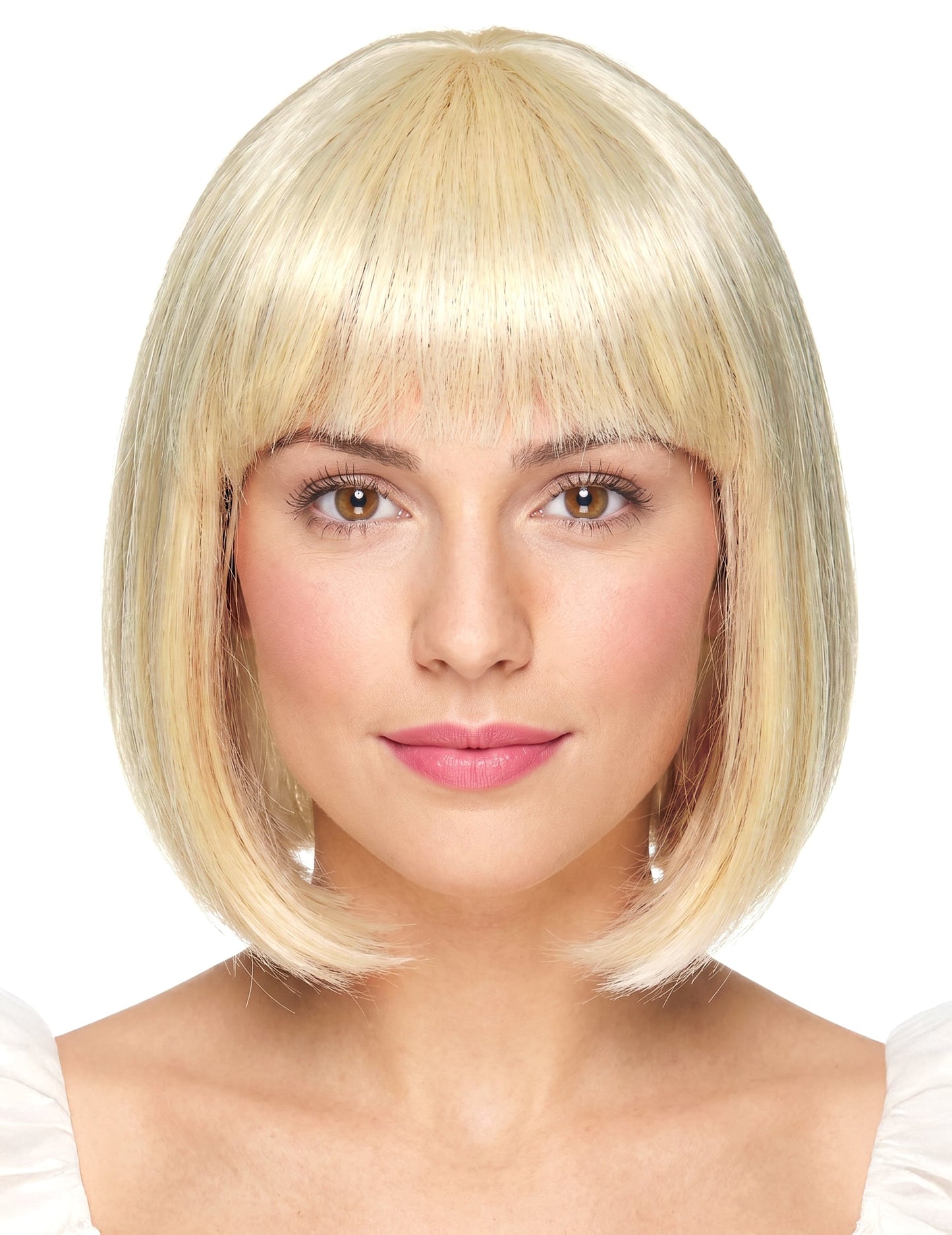 Peruca de luxo loura curta com franja mulher.