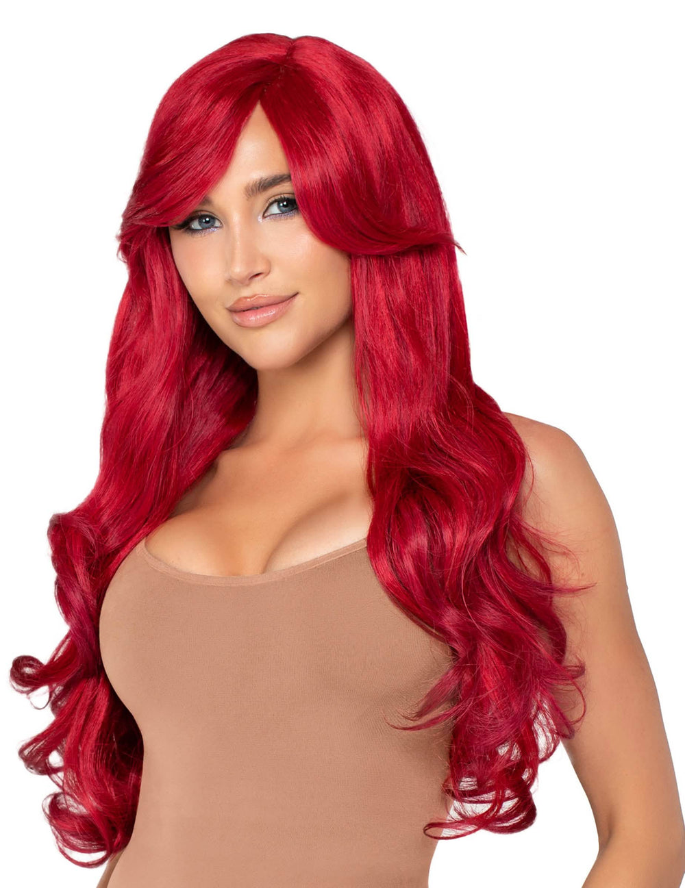 Vista frontal da peruca luxo longa para mulher vermelho