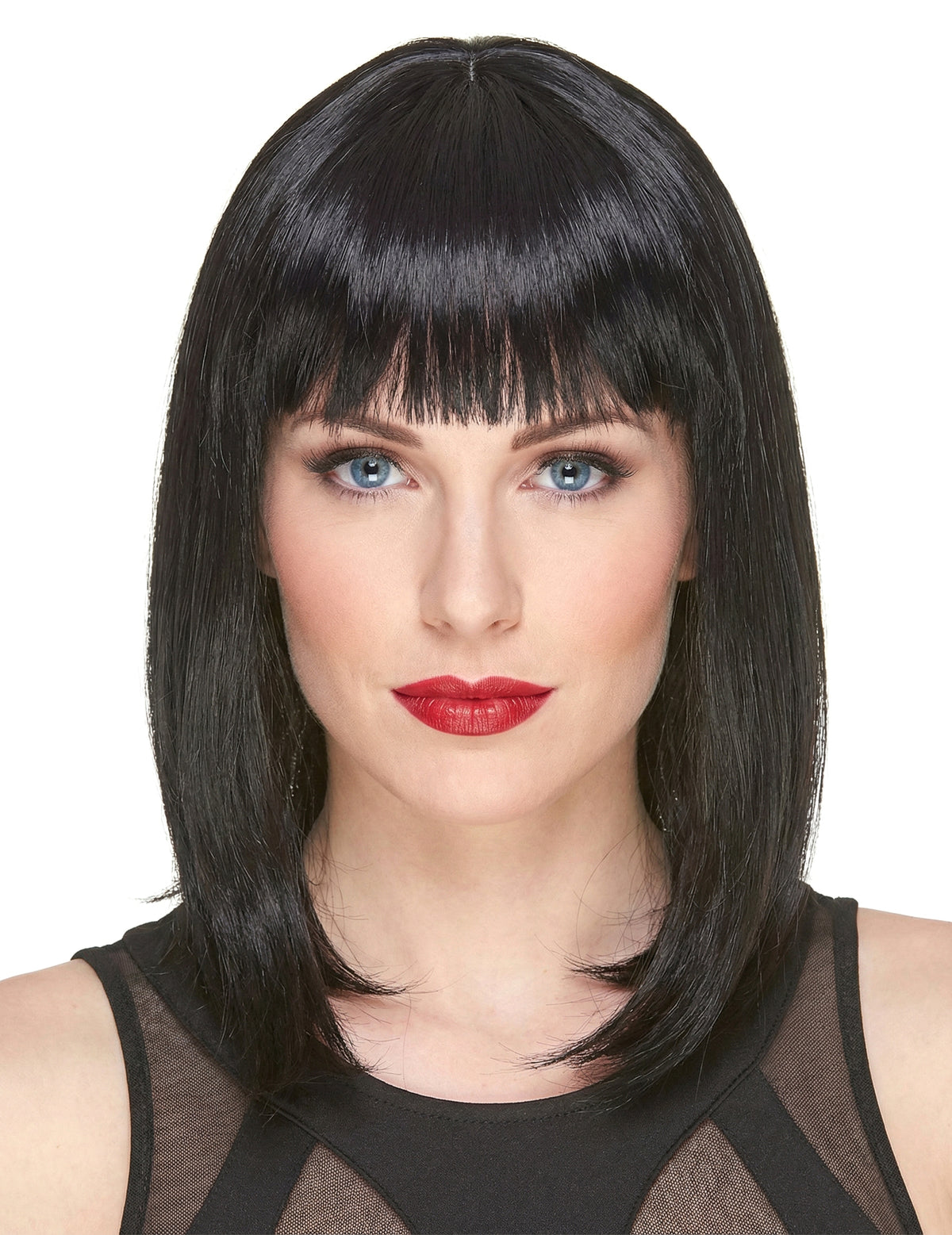 Perruque luxe noire mi-longue pour femme noire avec frange