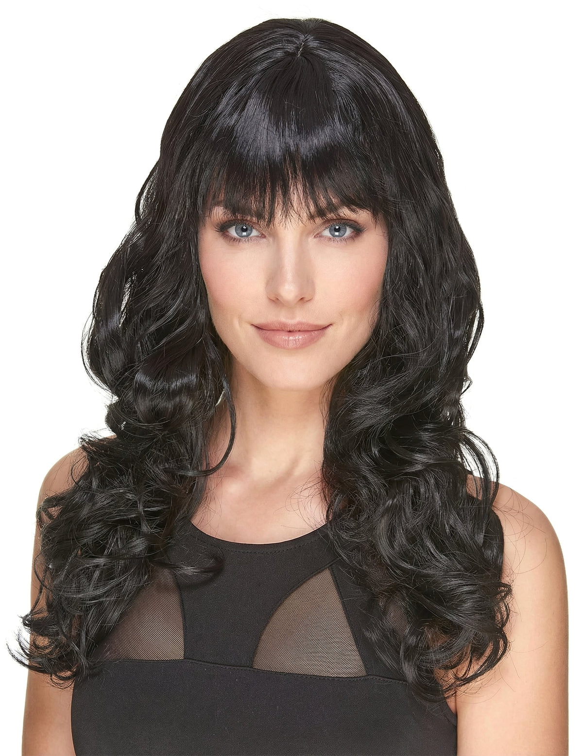 Perruque luxe noire ondulée avec frange pour femme