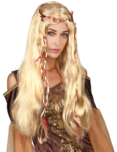 Perruque médiévale pour femme blonde avec tresses et rubans rouges