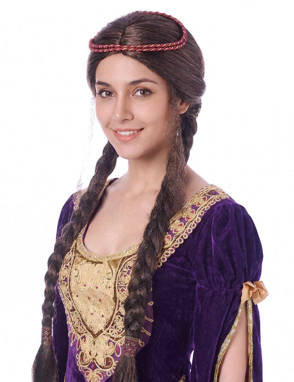 Peruca medieval para mulher castanha com duas tranças e bandolete vermelho