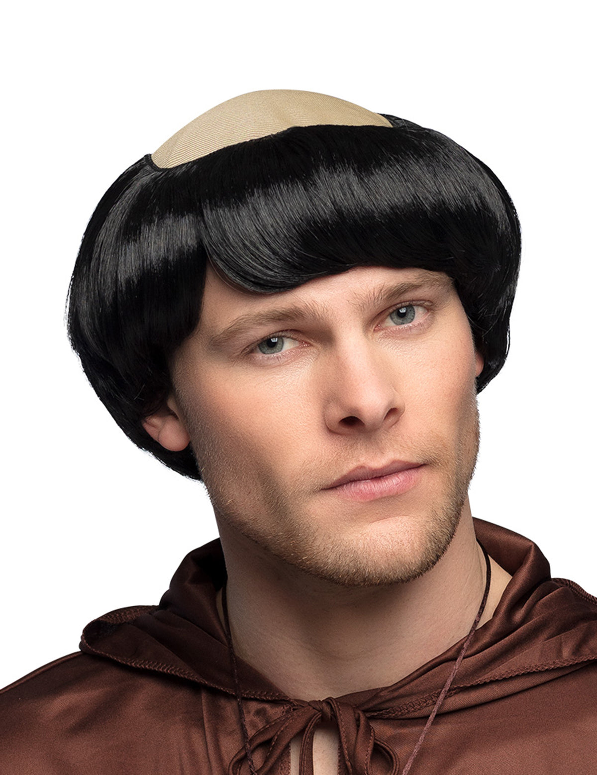 Perruque de moine pour homme noire avec tonsure