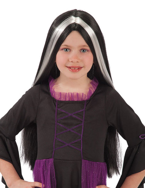 Perruque noire à mèches blanches pour enfant longue et lisse