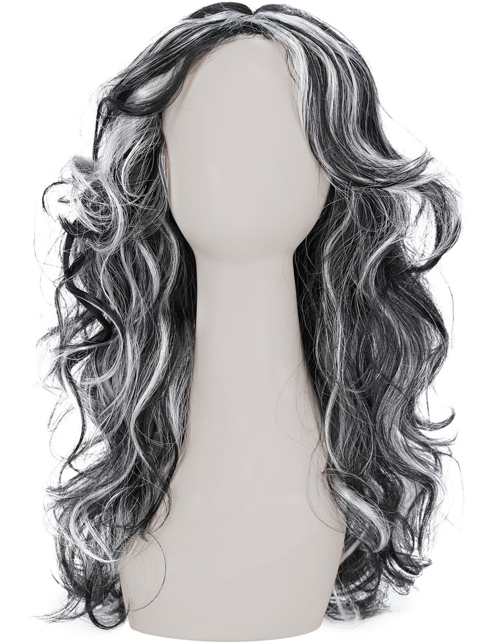 Vue de face de la perruque noire avec mèches blanches pour femme